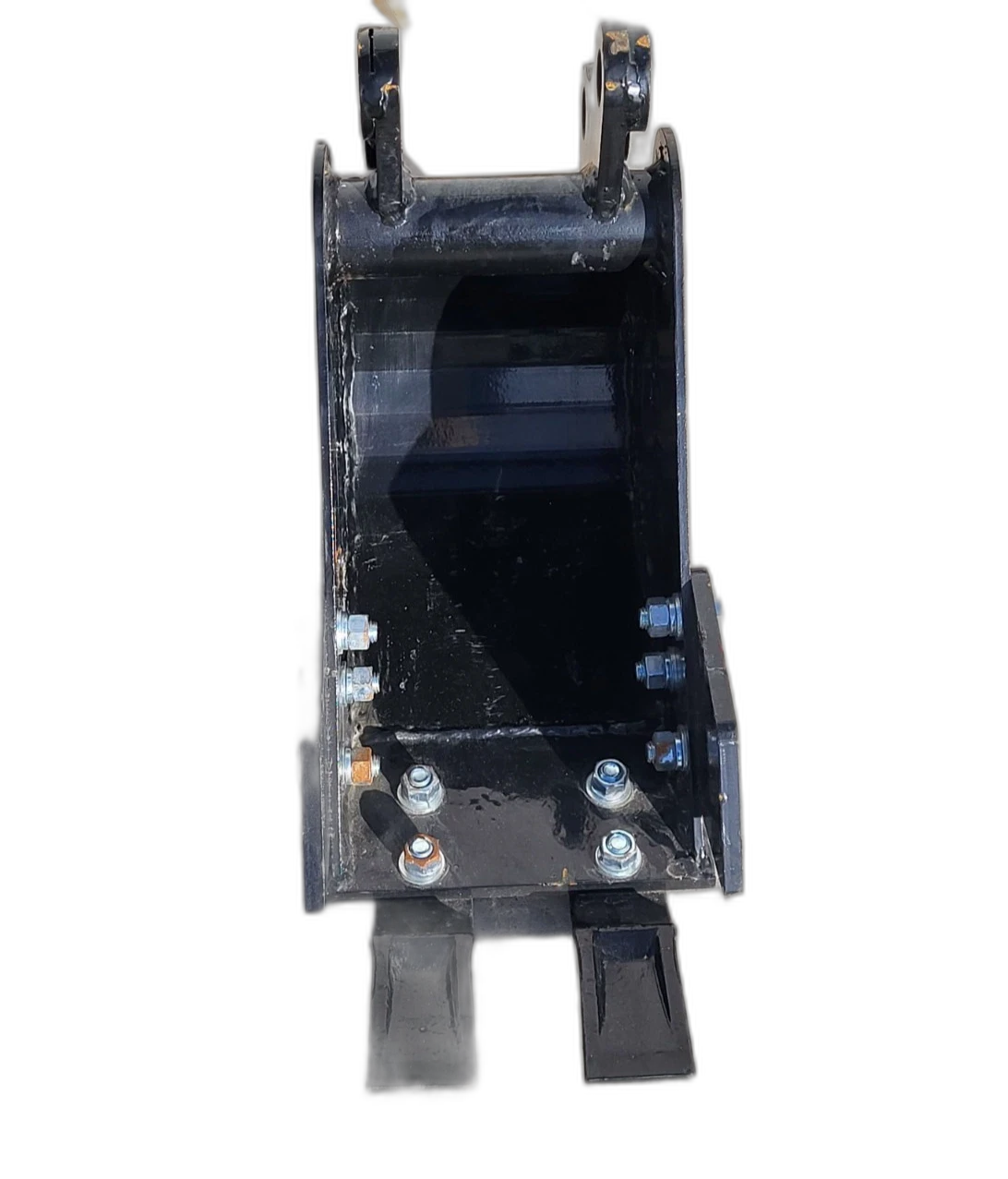 Black 8-inch trenching bucket, two digging teeth, bolt-on pin hitch and twin mounting ears