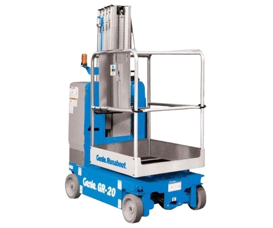 Genie GR-20 Runabout vertical mast lift in blue, guardrailed platform, stowed mast and four solid tires