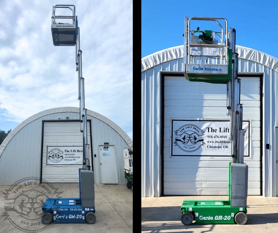 Genie GR-20 Runabout mast lifts with masts extended and platforms raised, one blue unit and one green