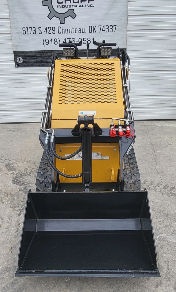 AGT MX-MRT14 mini skid steer with black loader bucket, rubber tracks, LED work lights and red hydraulic couplers