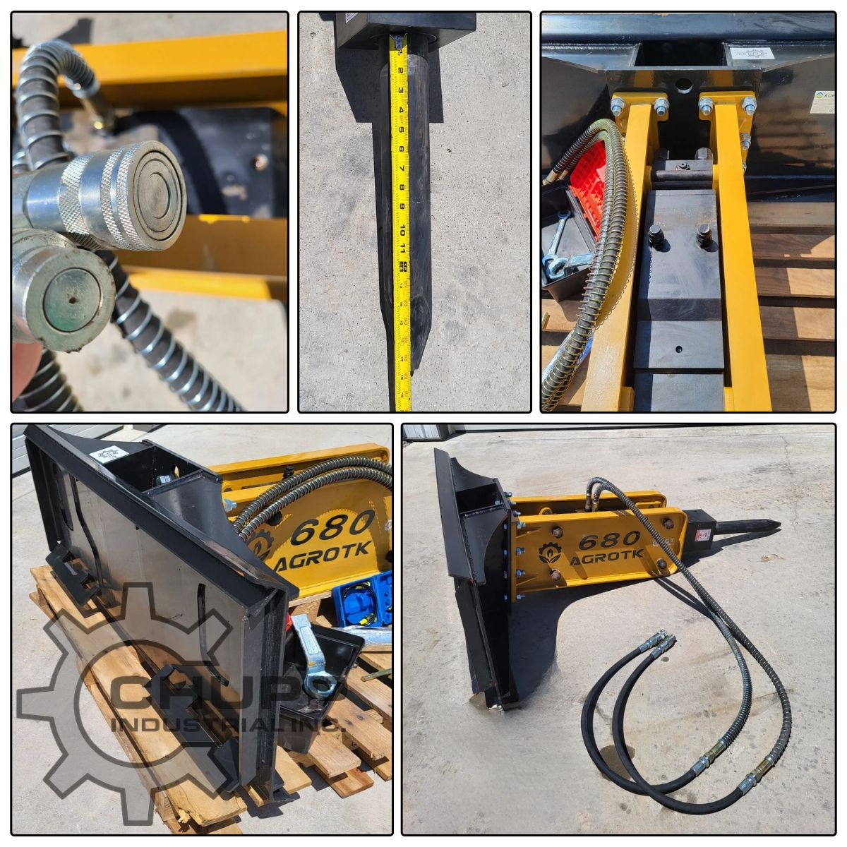 AGROTK 680 breaker hammer details: quick couplers, chisel length measured with a tape, mount bracket and hose routing