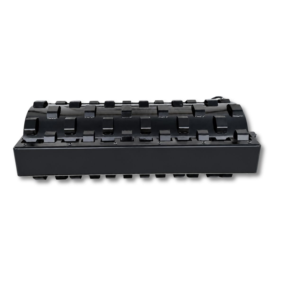 Padfoot vibratory roller attachment: black drum with staggered welded compaction pads in a steel frame