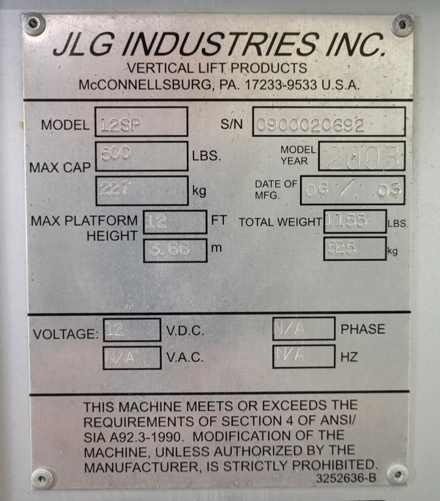 JLG Industries 12SP data plate: 500 lb capacity, 12 ft max platform height, 2003, serial ending 0692