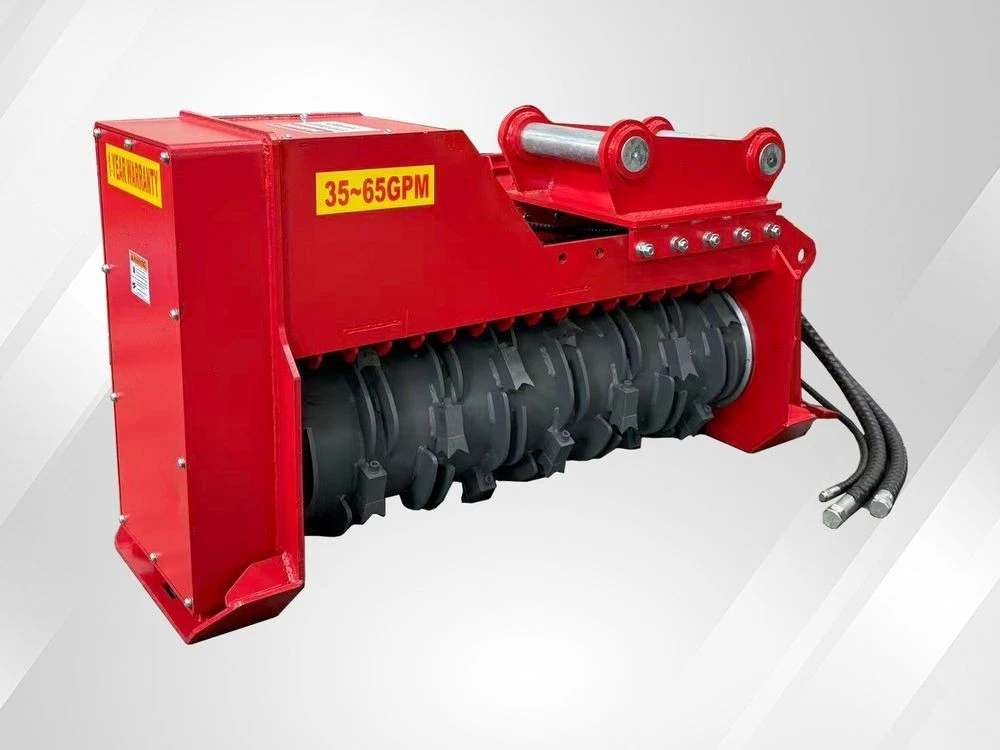 Red Raytree excavator mulcher with black toothed rotor exposed, 35-65 GPM decal and hydraulic hoses