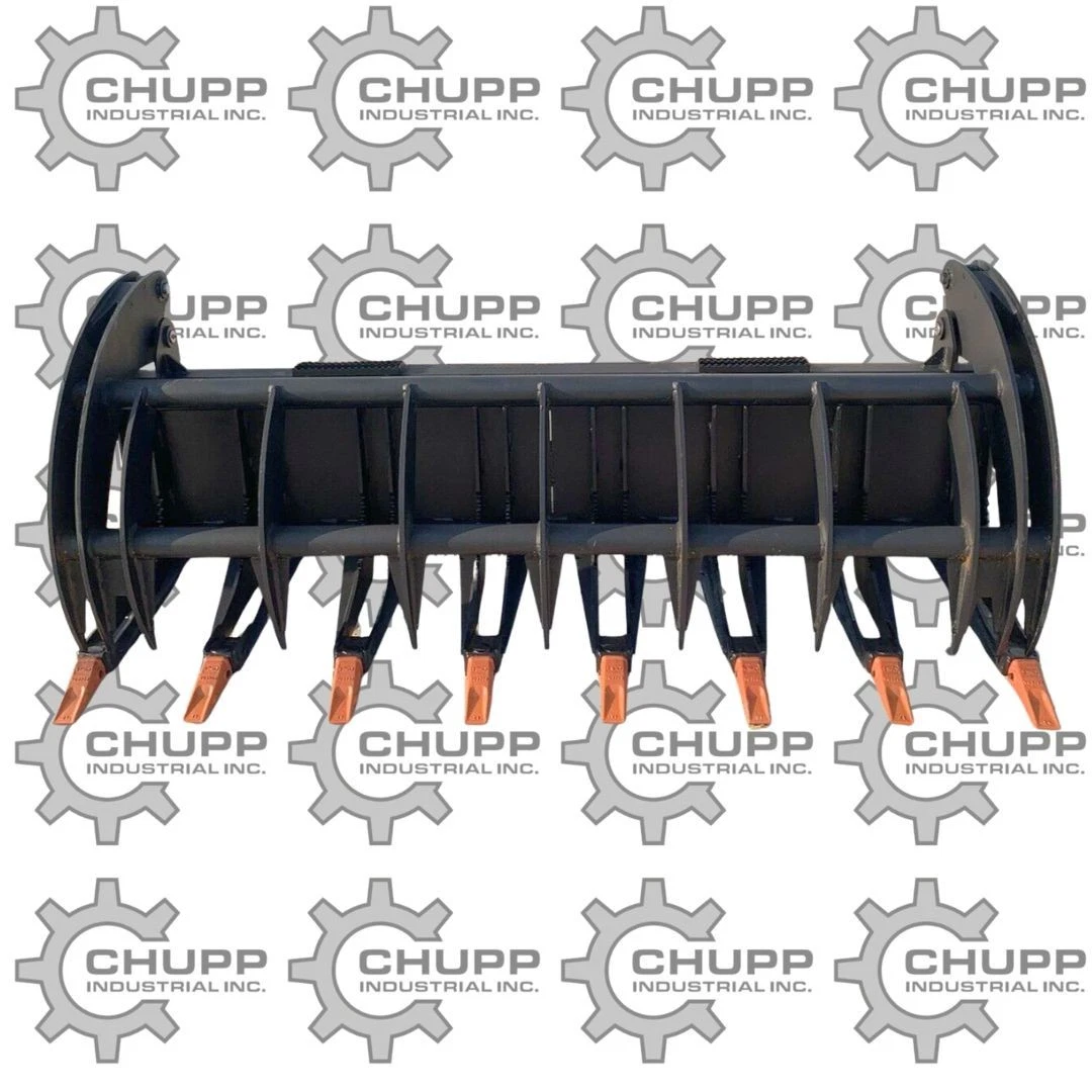 78-inch rock grapple bucket, eight tines with orange bolt-on teeth and two curved grapple arms