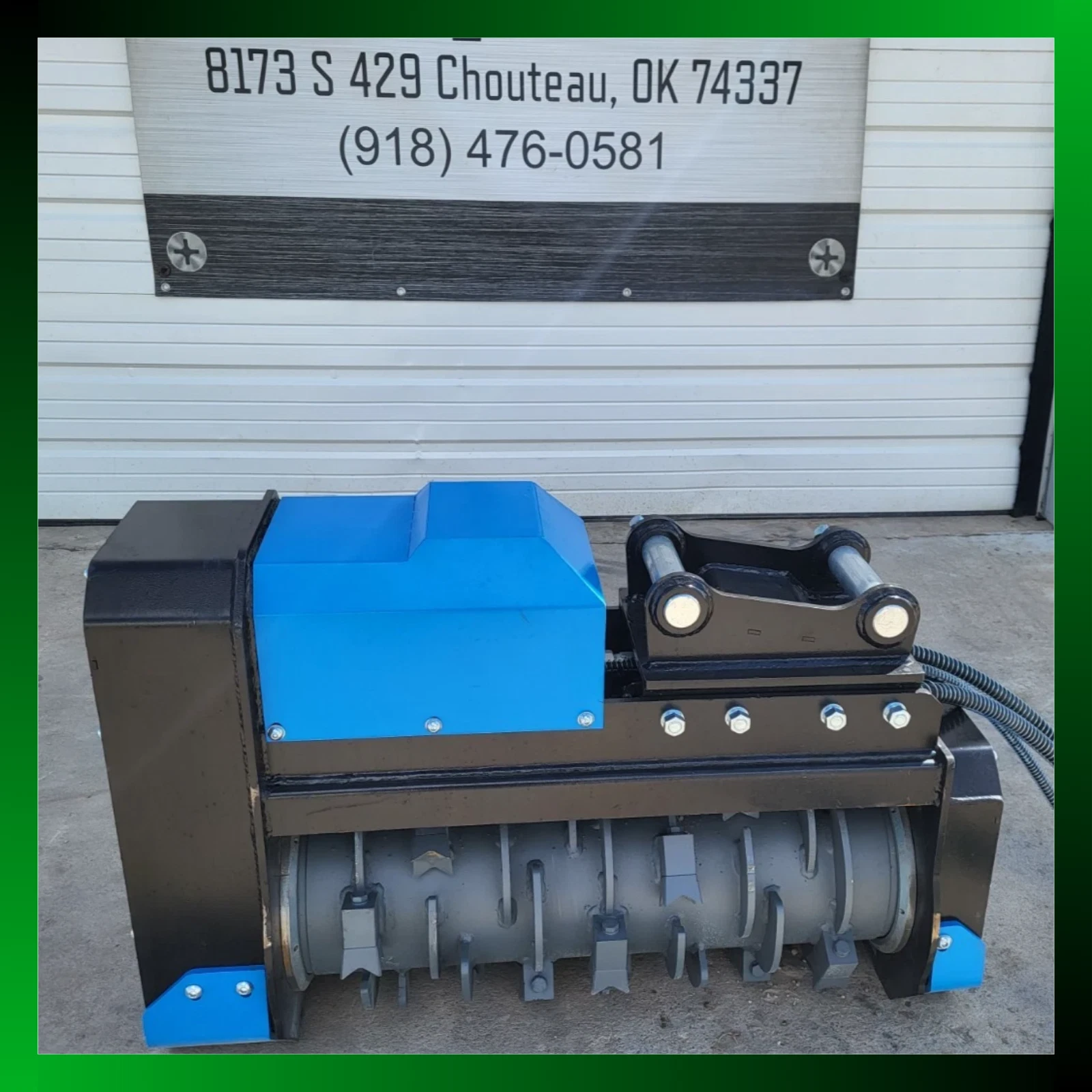 Blue Raytree 32in excavator drum mulcher, gray toothed rotor drum and pin-on mount, green border