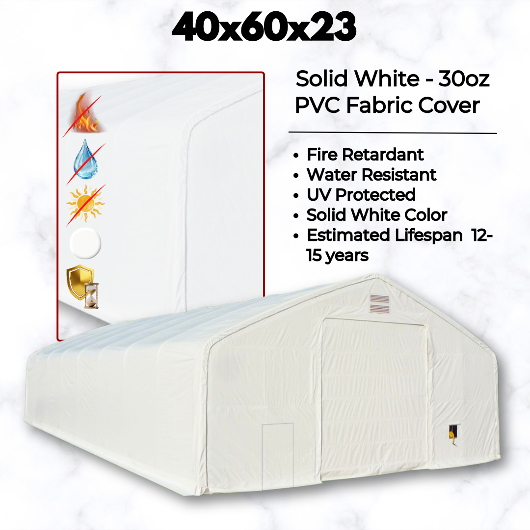 40x60x23 fabric building's solid white 30oz PVC cover: fire retardant, water resistant, UV protected