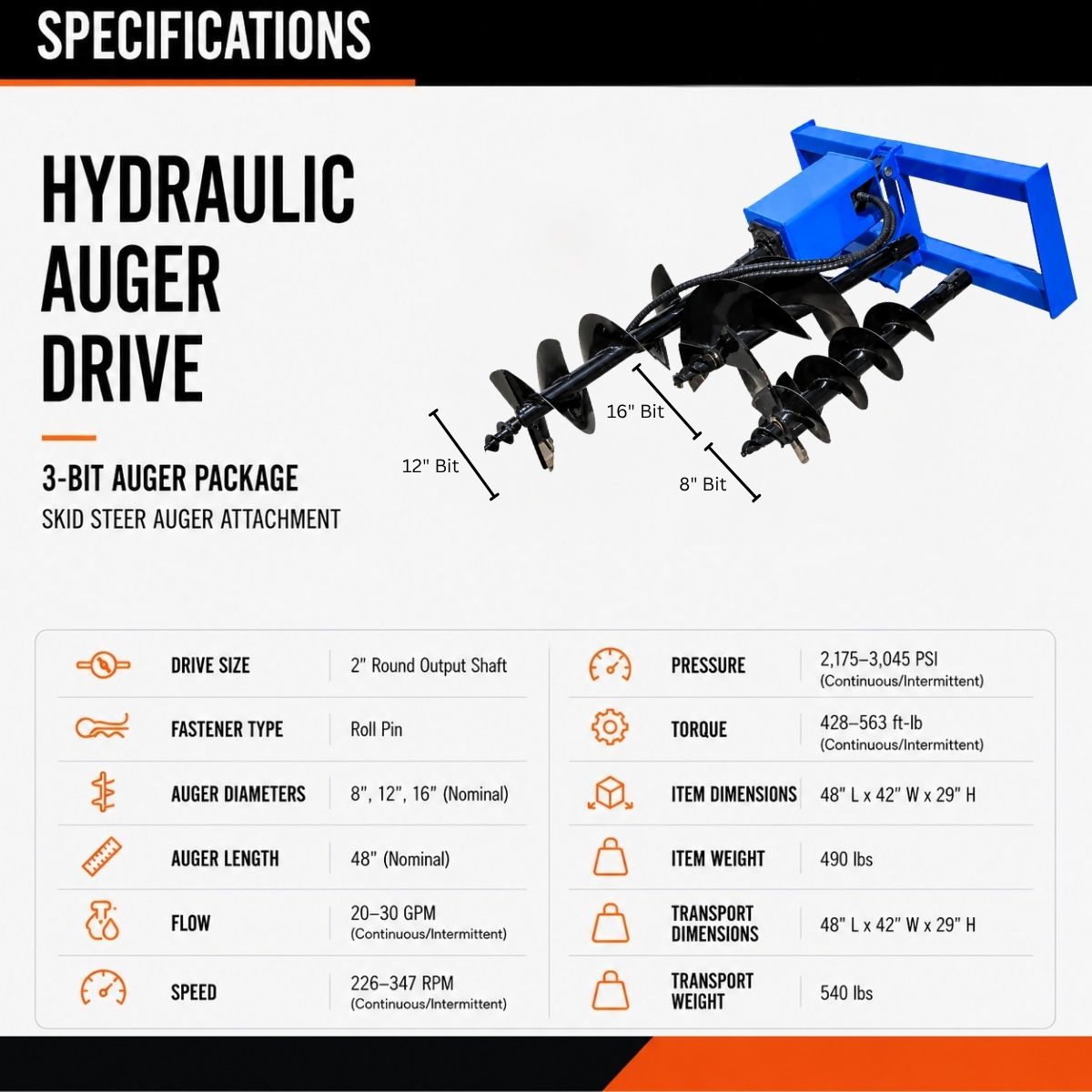 Spec sheet for the hydraulic auger drive: 8, 12 and 16 inch bits, 20-30 GPM, 428-563 ft-lb torque, 490 lbs