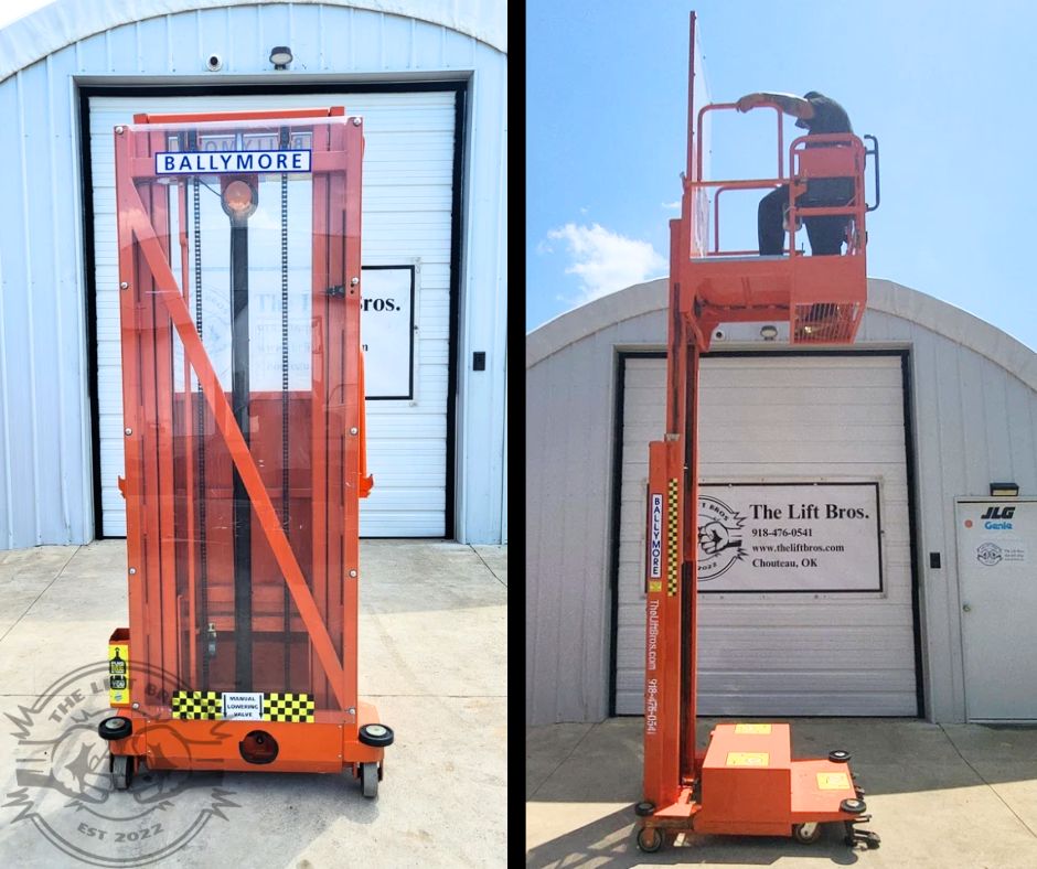 Orange Ballymore push-around vertical mast lift shown lowered and raised with an operator in the platform