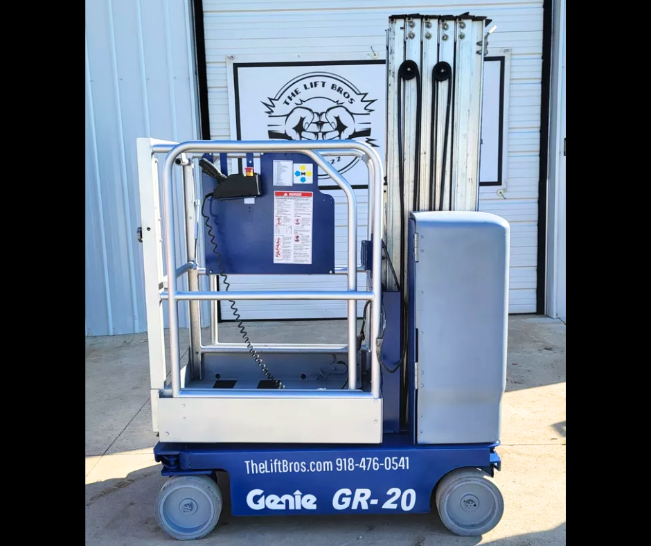 Genie GR-20 vertical mast lift, blue, side view: mast lowered, platform with guardrails, solid non-marking tires