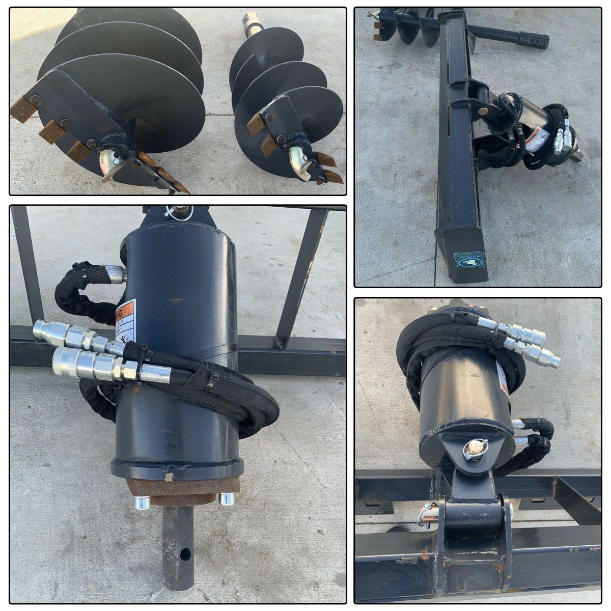Auger drive detail set: two black auger bits, drive motor with quick-connect hoses and universal mount frame