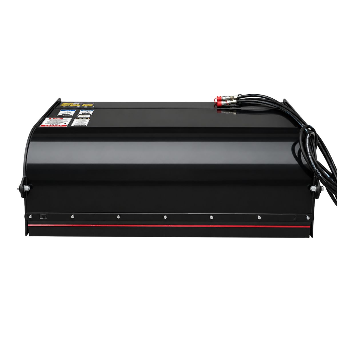 Mower King 72-inch box broom, black steel hood with hydraulic hoses and flat-face couplers