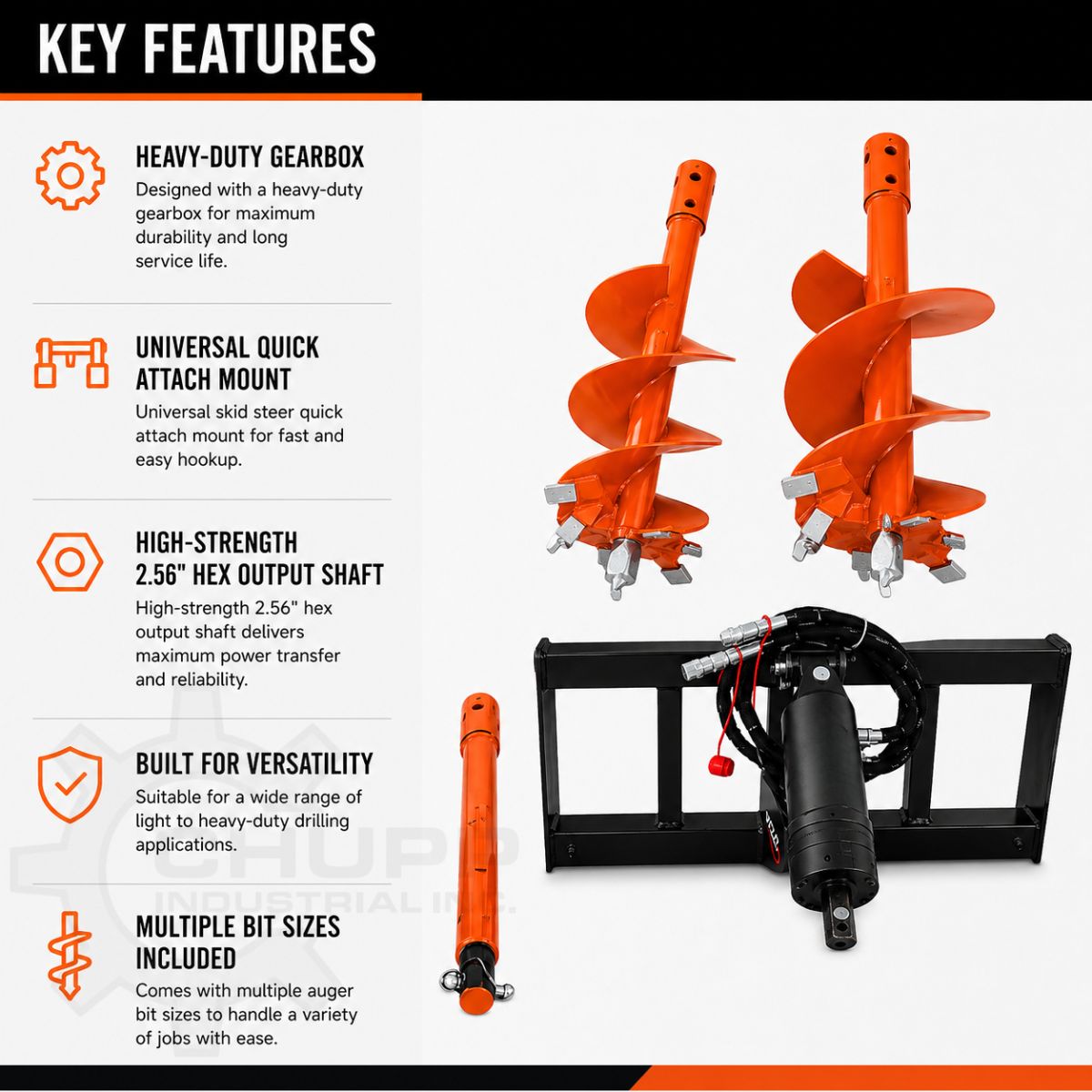 WIG auger drive key-features graphic: heavy-duty gearbox, 2.56in hex output shaft, universal quick-attach mount