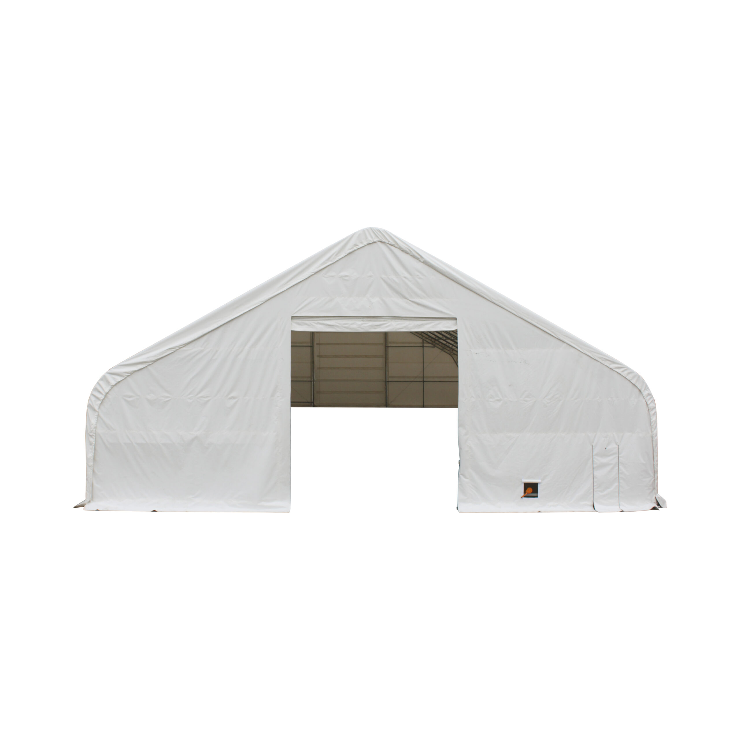 50x100x23 dual truss PVC fabric building, solid white cover with the winch door open and a man door beside it