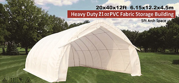 White PVC fabric hoop building with an arched steel frame, 20x40x12 ft, front end open