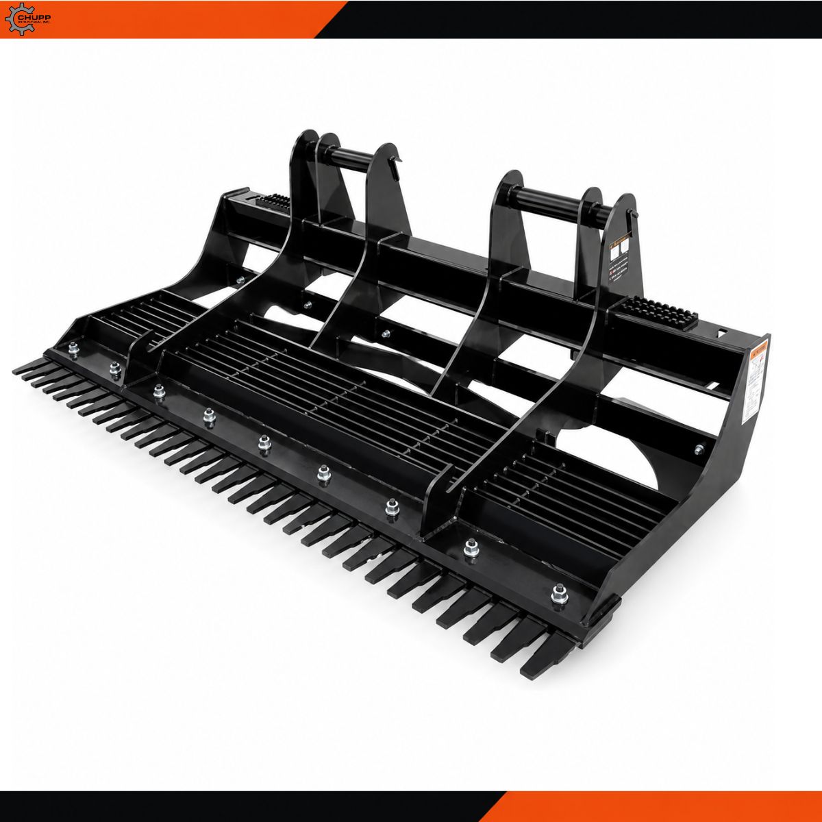 Wolverine land leveler: black steel frame, row of bolt-on cutting teeth, slatted screening bars and quick-attach plate