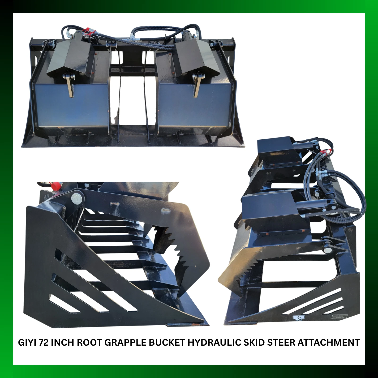 Listing collage of the GIYI 72-inch root grapple bucket: front, open-clamp and angled views with title text