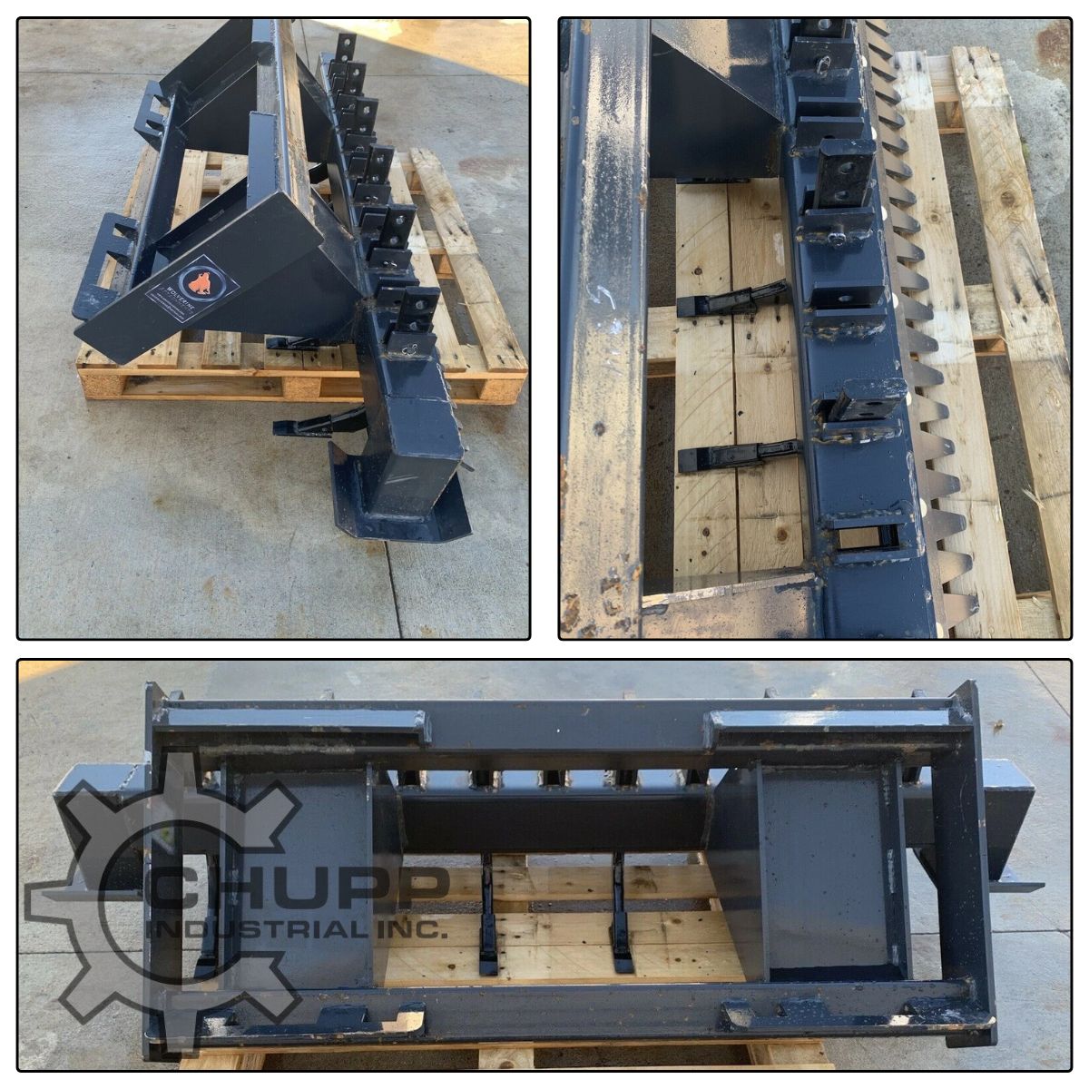 Wolverine ripper bar details: quick-attach mount with Wolverine decal, pinned shank brackets, and the rake tine bar