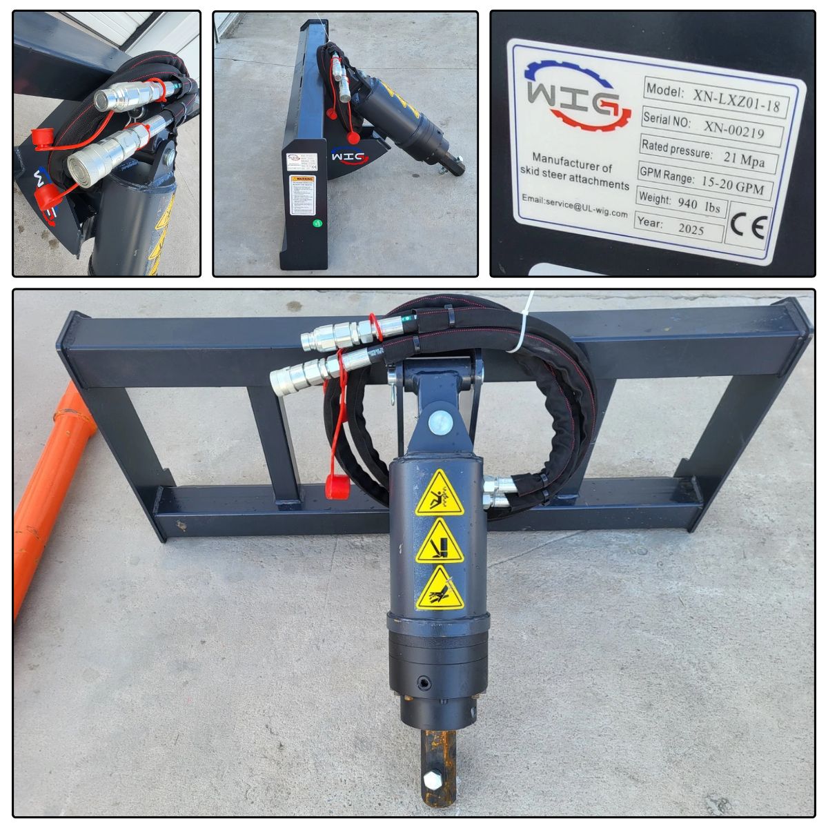 WIG auger drive detail set: drive unit on universal mount, quick couplers, ID plate reads model XN-LXZ01-18