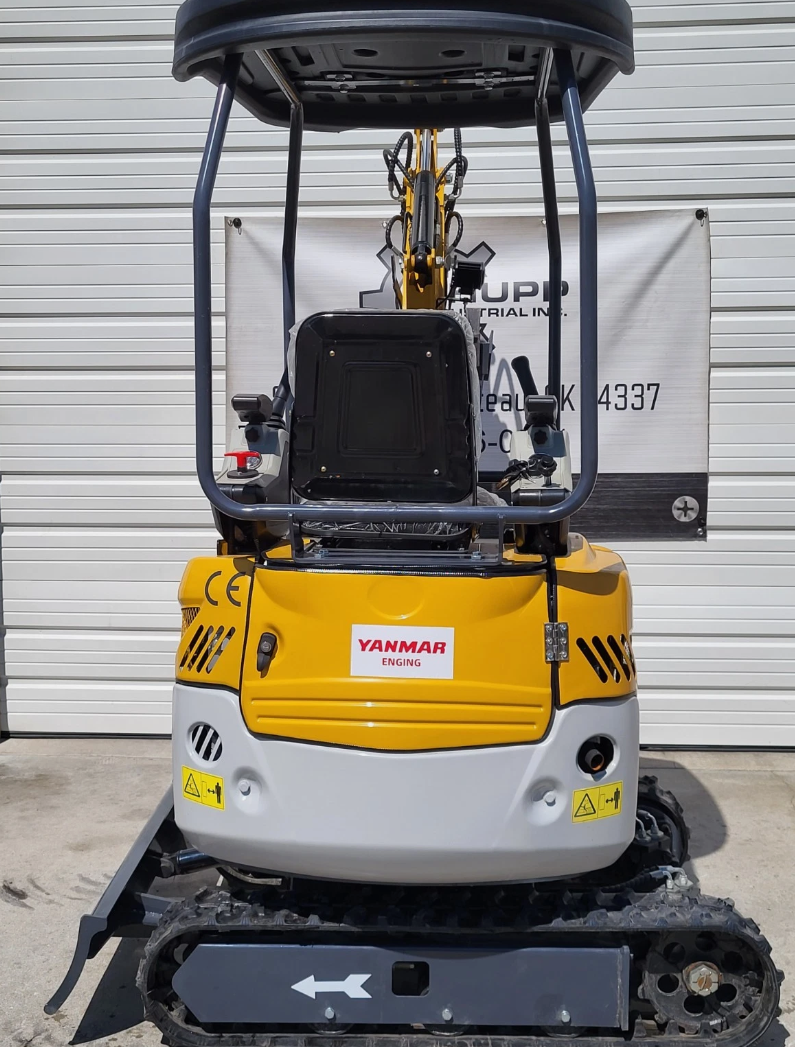 SDLE20 mini excavator from behind: yellow and white engine cowl and counterweight, seat and canopy, rubber tracks