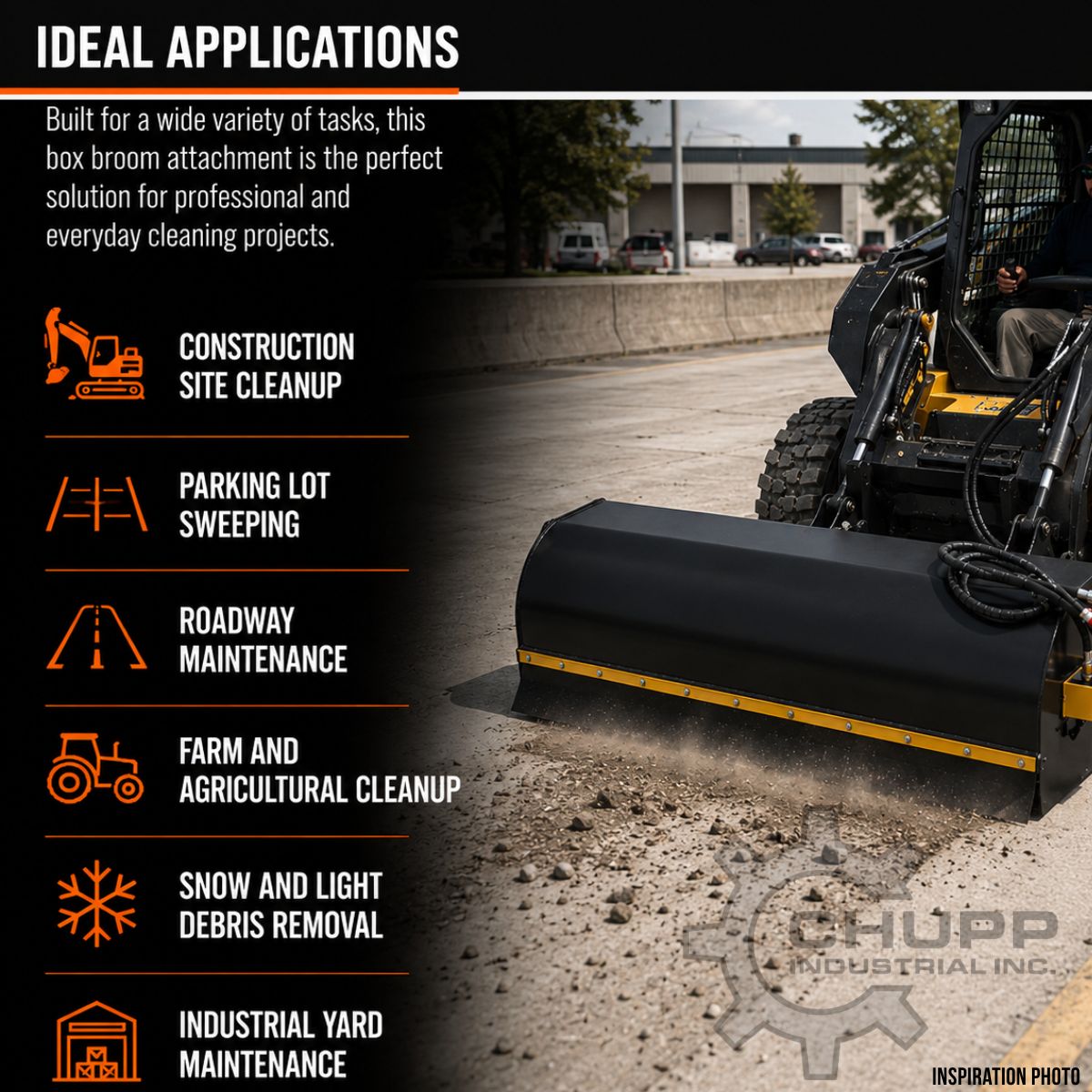 GIYI box broom applications graphic: unit on a skid steer sweeping gravel, plus construction, parking lot, farm, snow uses