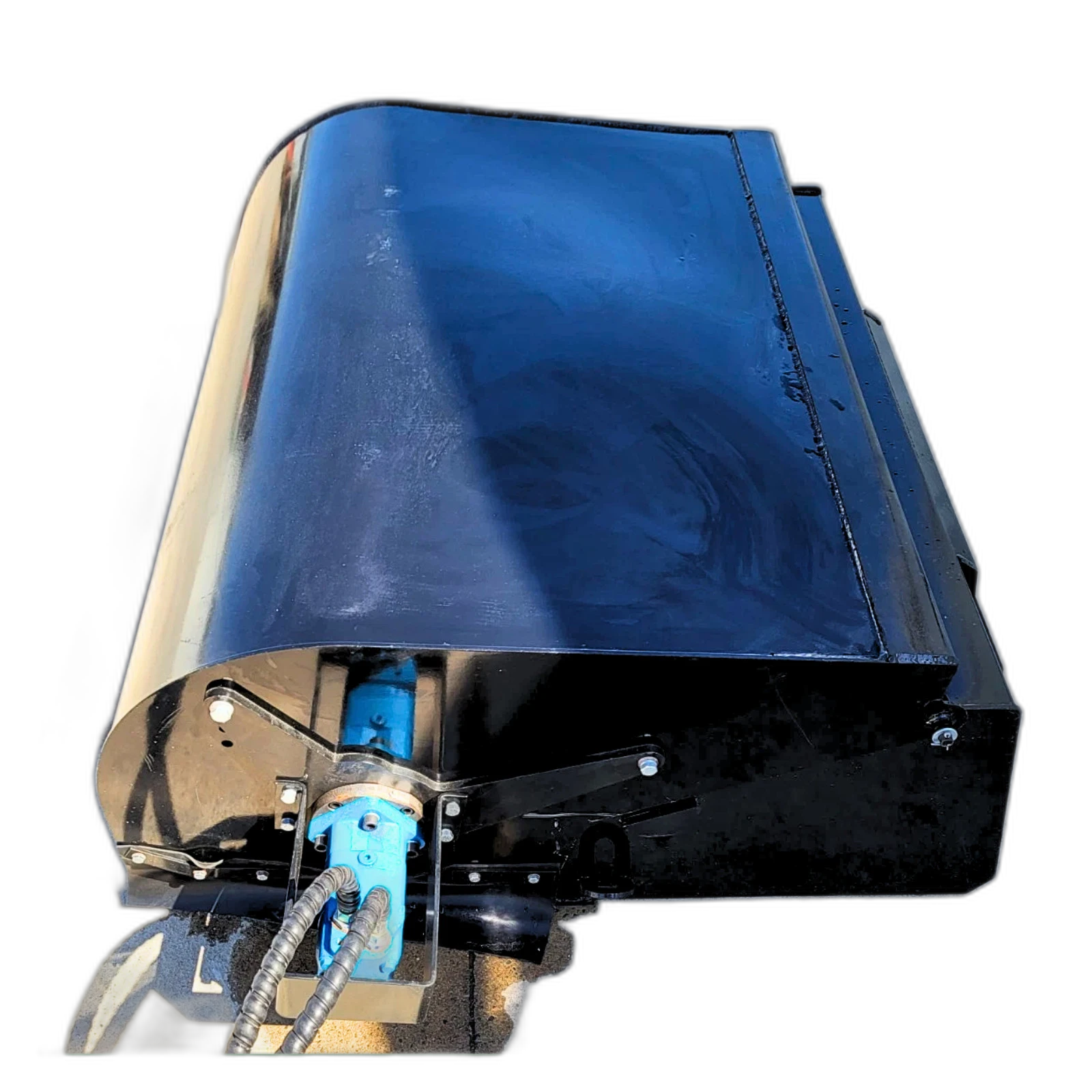 Black box broom sweeper, curved steel hood over the brush with blue hydraulic drive motor and sheathed hoses