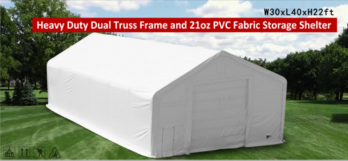 White PVC dual truss fabric storage building, 30x40x22 ft, peaked arch roof with solid end walls