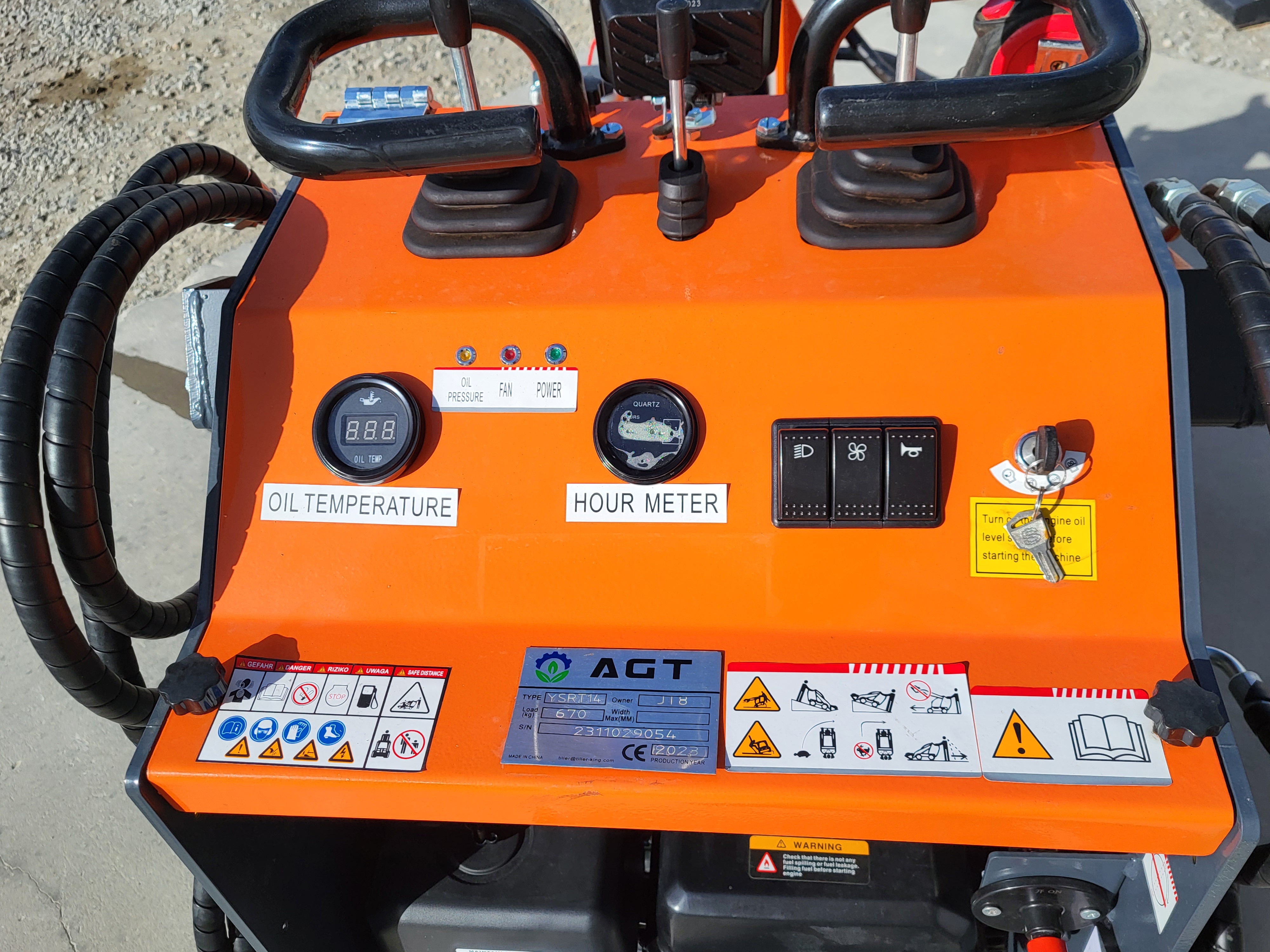 AGT YSRT14 control console with oil temperature gauge, hour meter, rocker switches, keyed ignition and twin joysticks