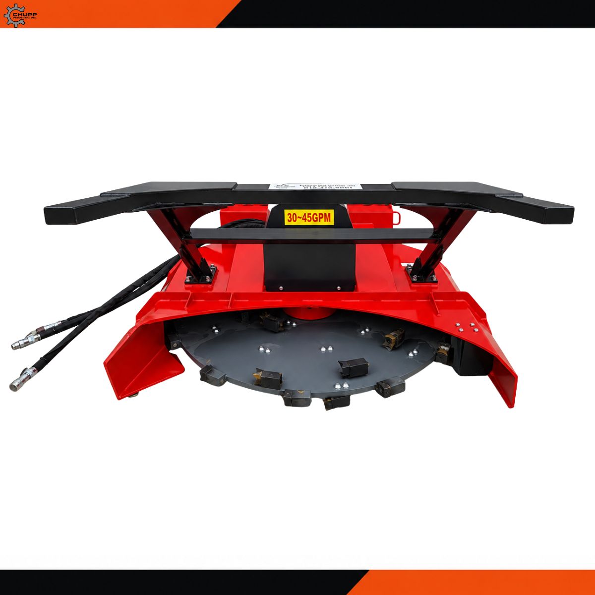 Red disc mulcher: gray cutting wheel with bolt-on teeth, 30-45 GPM decal, quick-attach plate and hydraulic hoses