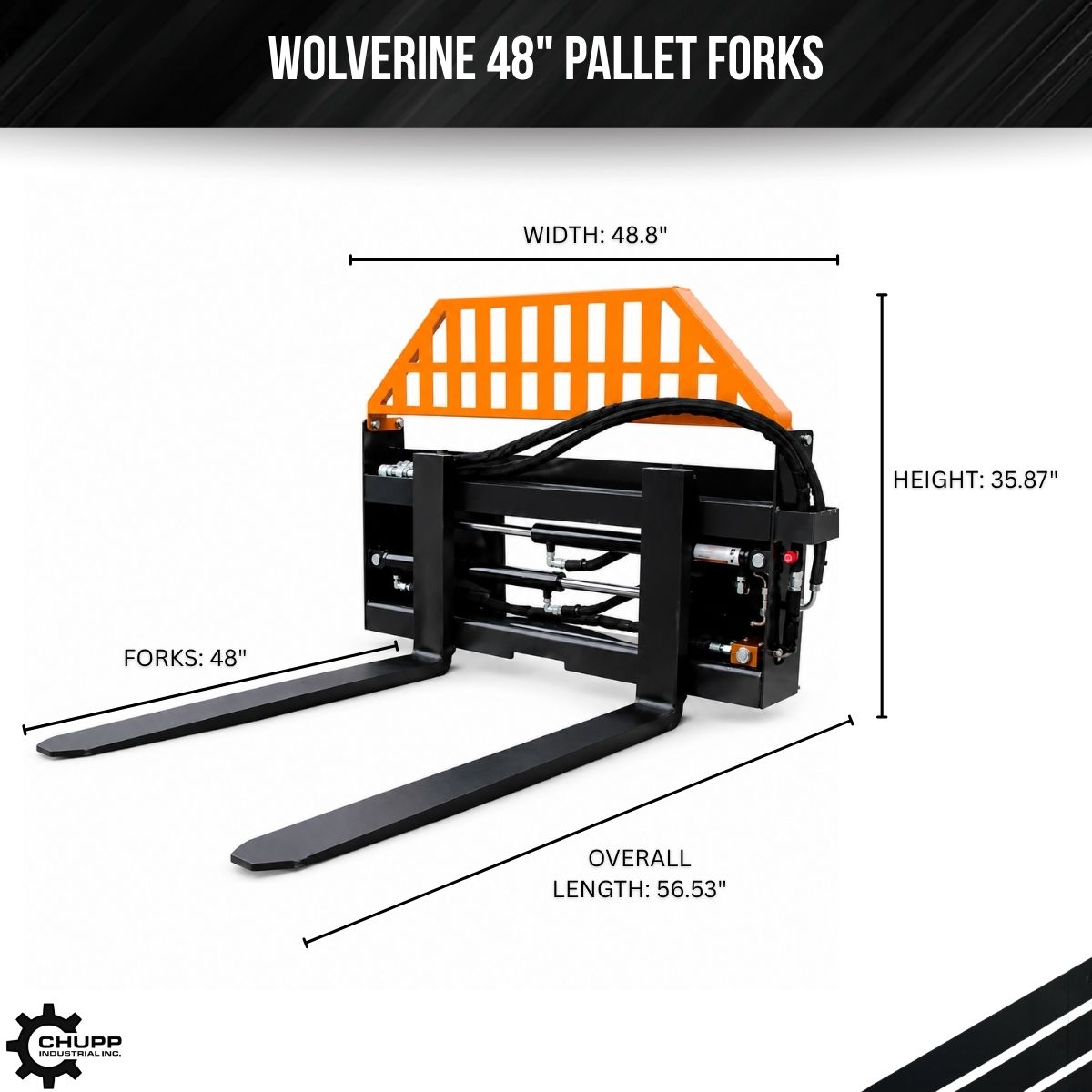 Dimension diagram of the Wolverine 48-inch pallet forks: 48.8in wide, 35.87in tall, 56.53in overall length