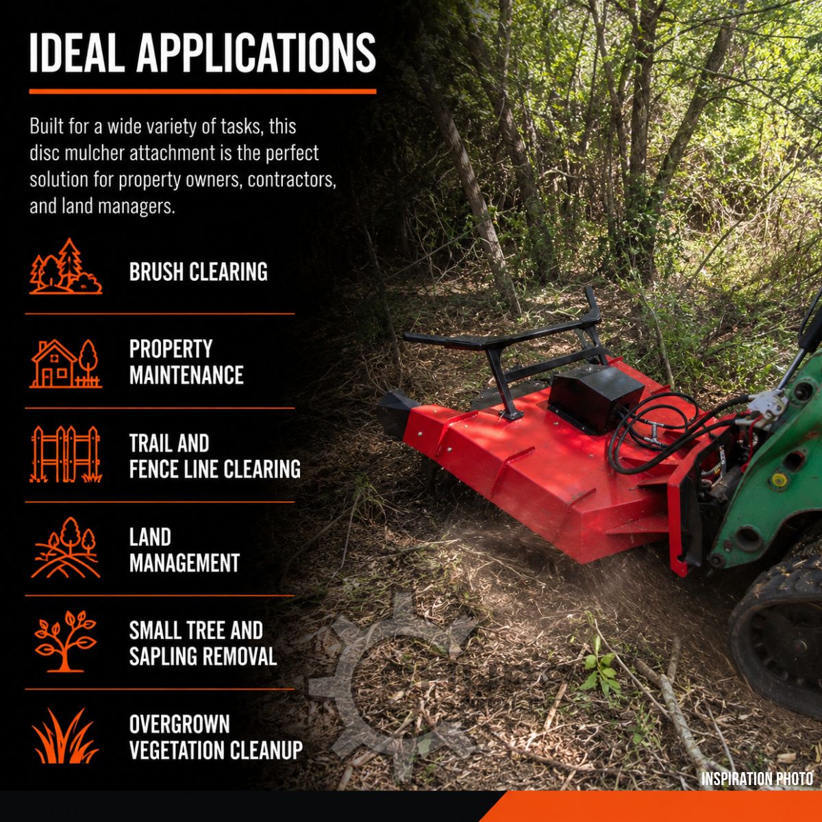 GIYI disc mulcher clearing brush on a track loader; applications graphic: brush, trails, fence lines, sapling removal