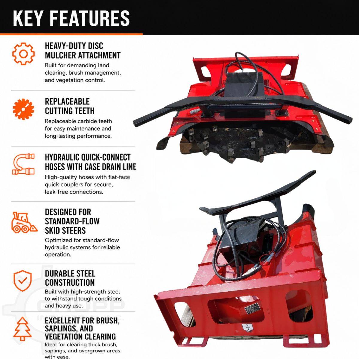 GIYI disc mulcher features: replaceable carbide teeth, quick-connect hoses with case drain, standard-flow skid steers