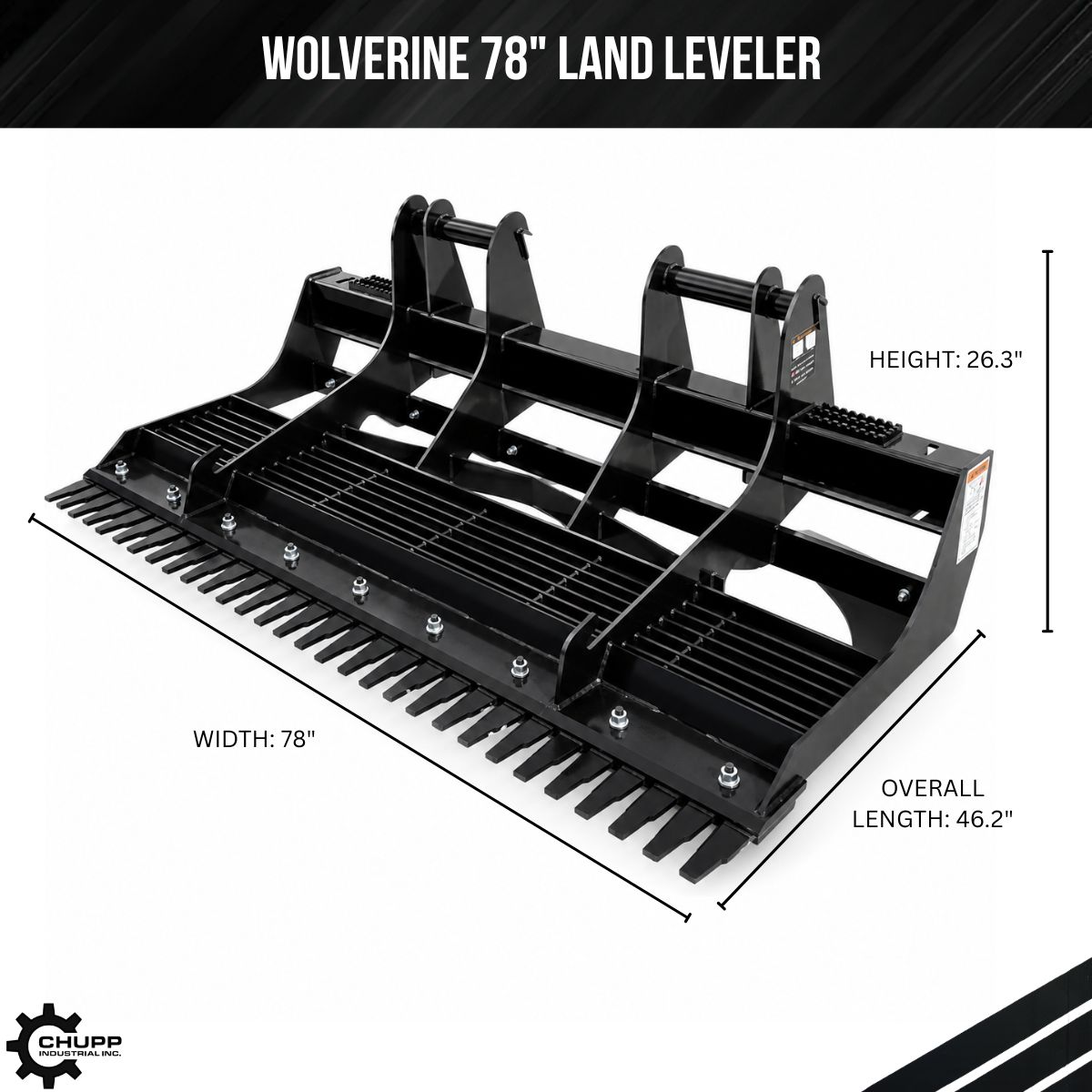 Dimension diagram of the Wolverine 78-inch land leveler: 78in wide, 26.3in tall, 46.2in overall length