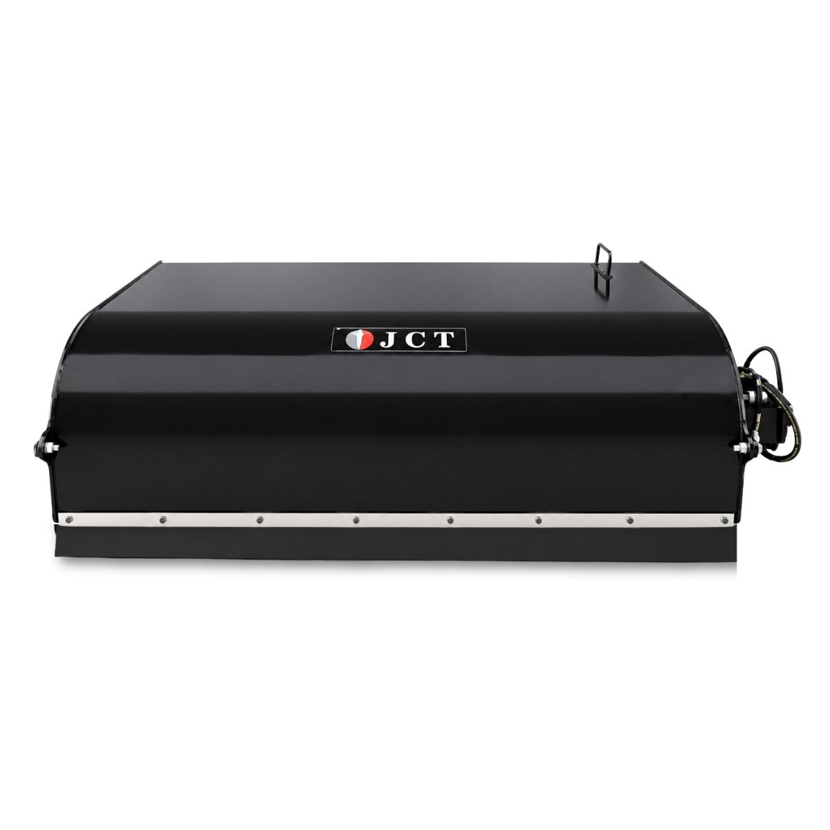 JCT 72in box broom front view, lift handle on the hood, bolt-on cutting edge and hydraulic motor at the end