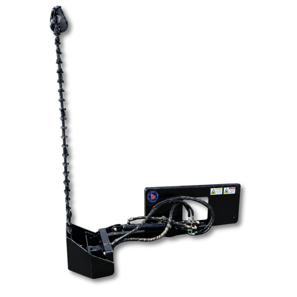 Wolverine sickle bar mower folded vertical: toothed cutter bar, pivot arm with hydraulic cylinder, quick-attach plate