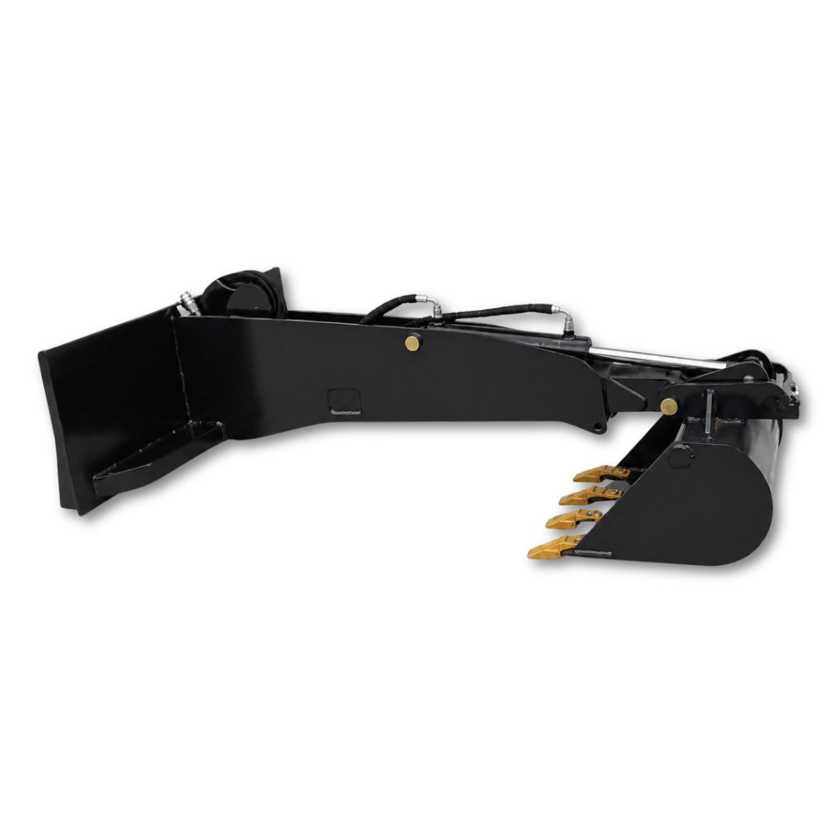 Landhonor hydraulic backhoe attachment: black boom and dipper, digging bucket with four yellow teeth, mount plate