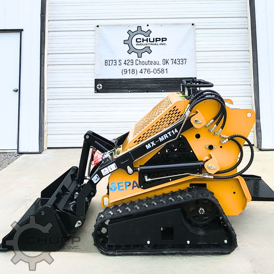 Yellow AGT MX-MRT14 stand-on mini skid steer with black loader arm, digging bucket and rubber tracks