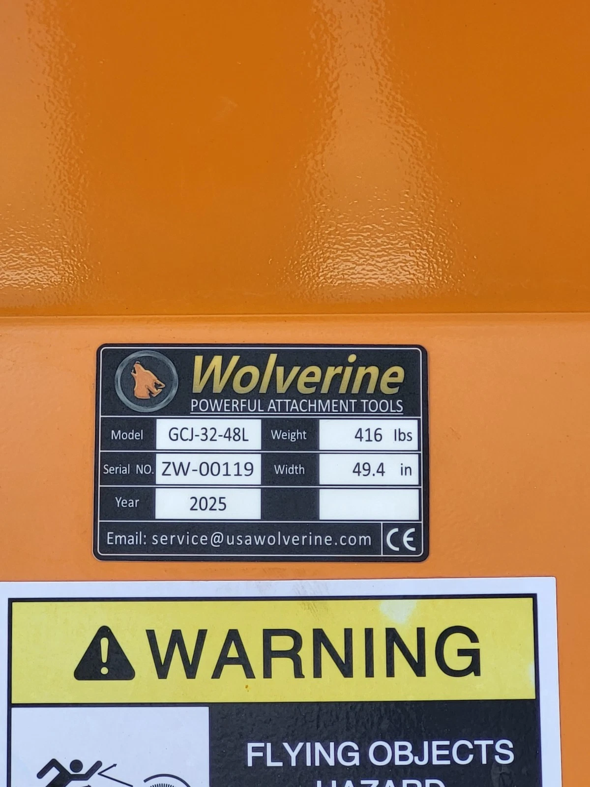 Wolverine nameplate: model GCJ-32-48L, 416 lbs, 49.4 in wide, year 2025, above a warning decal