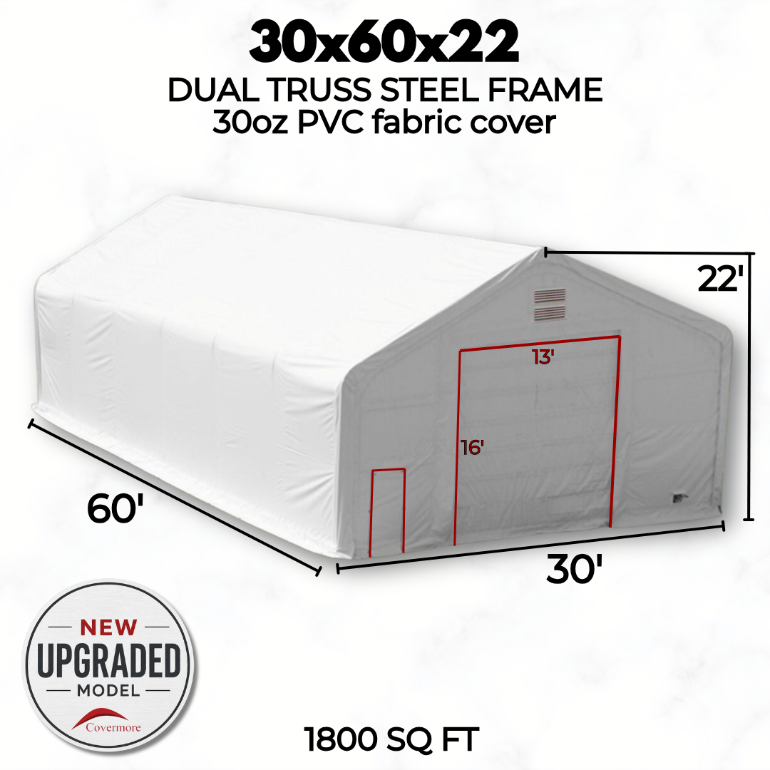 30x60x22 dual truss fabric building, 30 ft wide by 60 ft long by 22 ft high, 13 ft x 16 ft door, 1,800 sq ft
