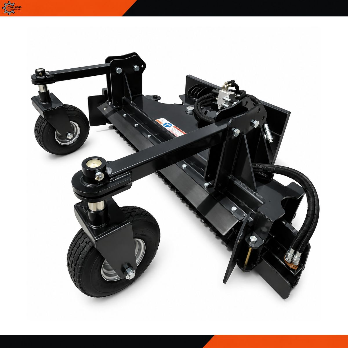 Black Landhonor soil conditioner with two adjustable gauge wheels, universal quick-attach plate and hydraulic hoses