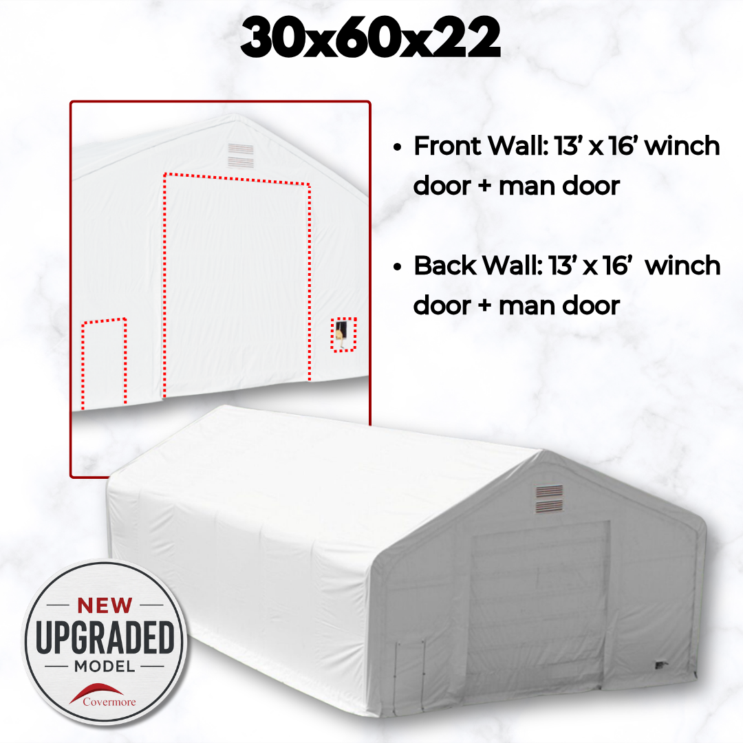 Covermore 30x60x22 dual truss fabric building, white PVC cover, 13' x 16' winch door and man door on both ends