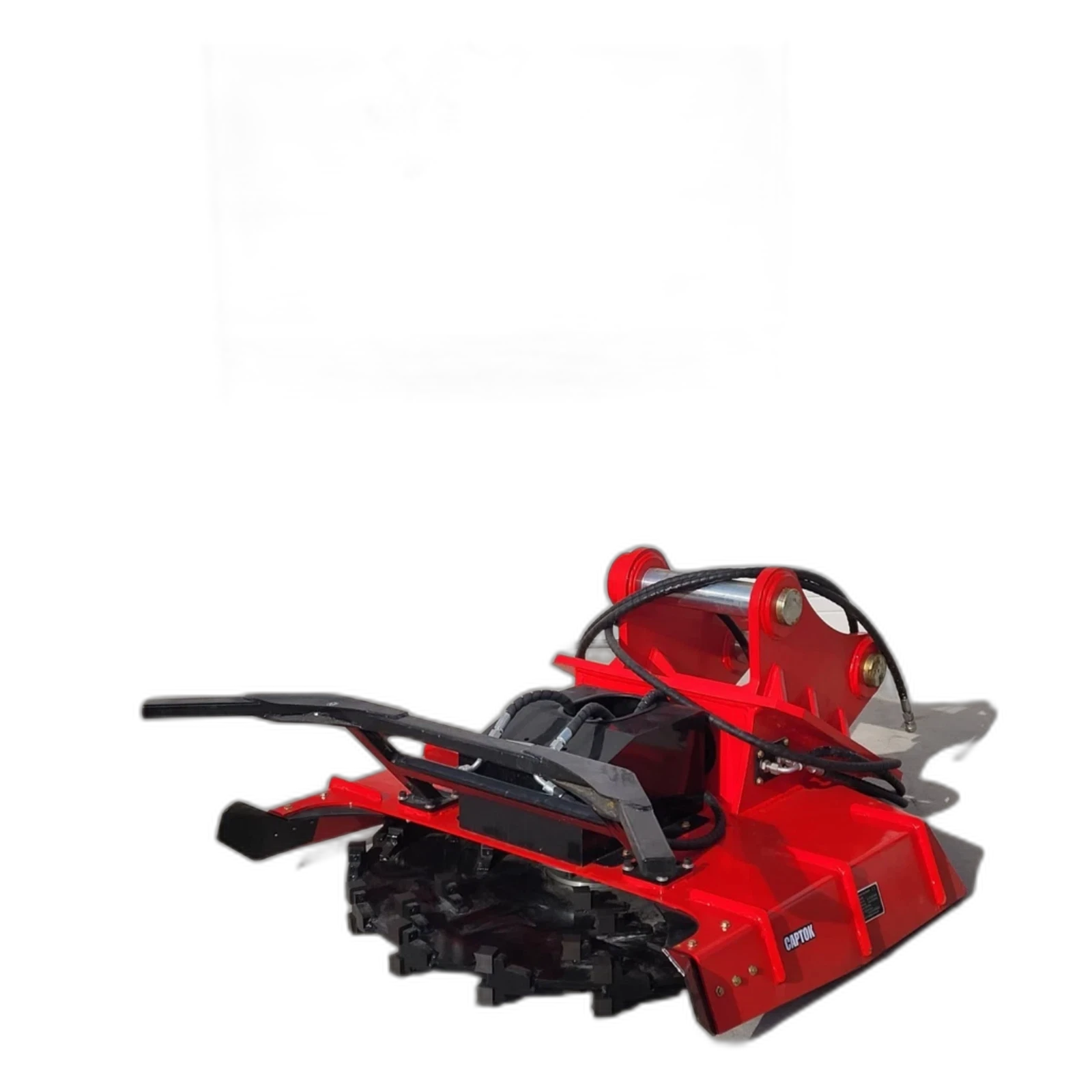 Red Captok excavator disc mulcher, black toothed cutting disc, push bar and pin-on mount with hydraulic hoses