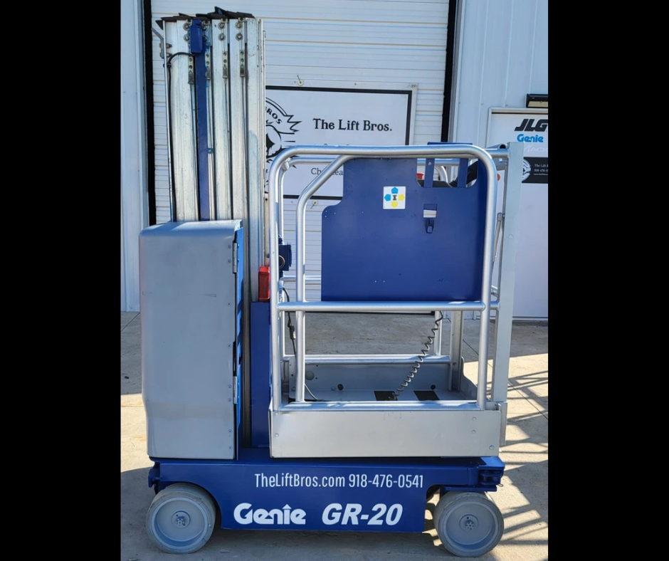Genie GR-20 vertical mast lift, side view: blue base, gray mast and platform with guardrails