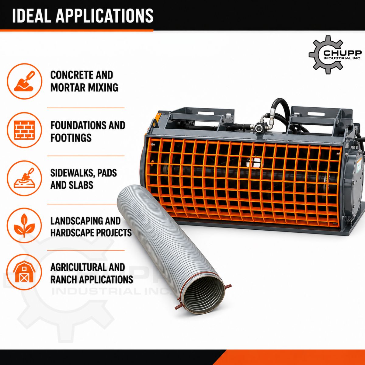 Arteer cement mixer applications graphic: concrete and mortar mixing, foundations, slabs, landscaping, ranch work