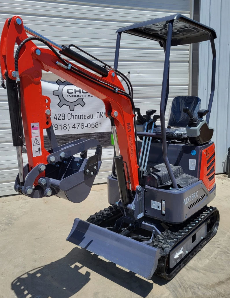 Orange and gray MX15RX mini excavator with canopy, digging bucket and thumb, backfill blade