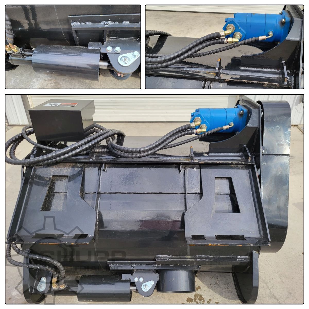 AGT cement mixer bucket rear: universal skid steer quick-attach plate, blue hydraulic drive motor and chute cylinder