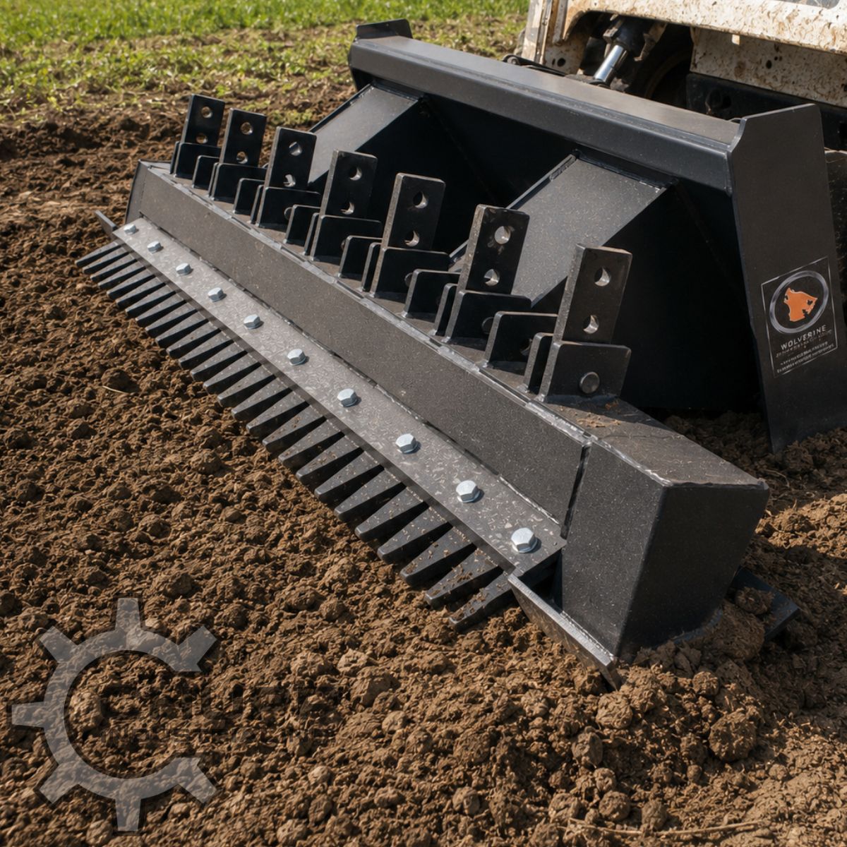 Wolverine ripper bar mounted on a skid steer, tines tearing through broken-up soil