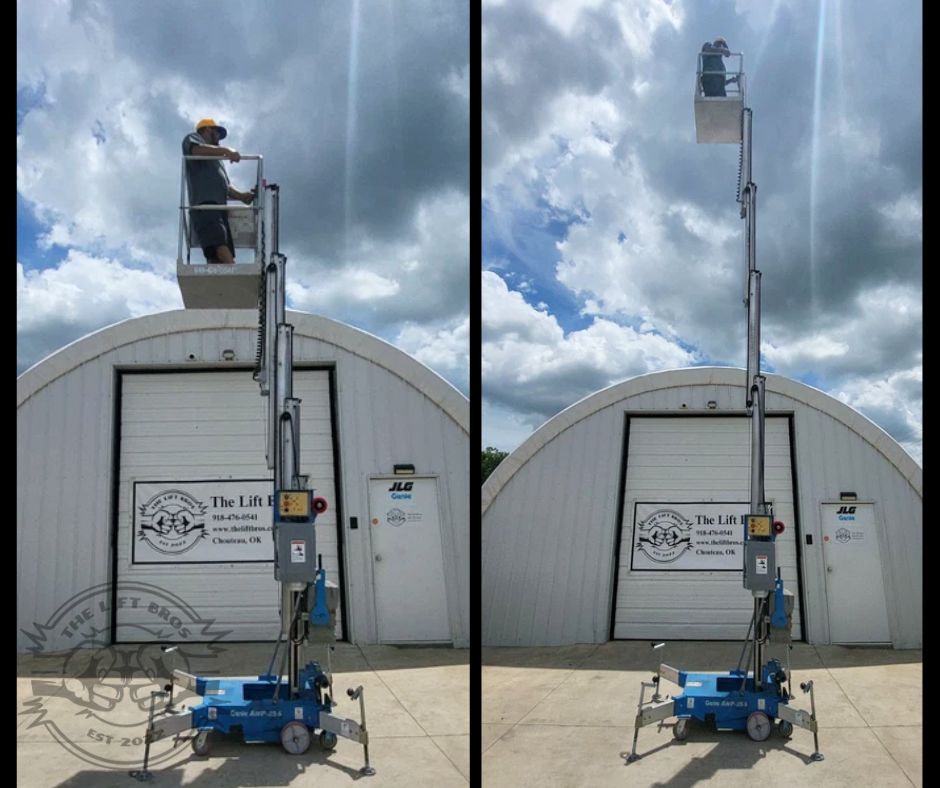 Genie AWP-25S push-around lift with a worker in the platform, mast partly raised and fully extended