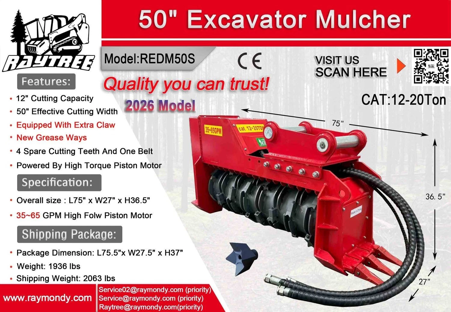 Spec sheet: Raytree 50in Excavator Mulcher REDM50S, L75 x W27 x H36.5in, 35-65 GPM, CAT 12-20 ton