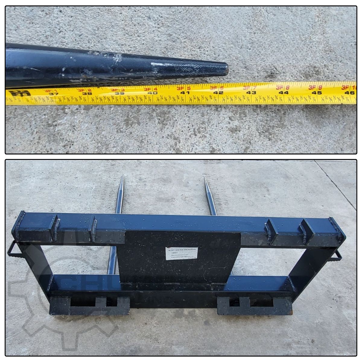 JCT double bale spear: two 42-inch tines on a skid steer quick-attach frame, tape measure laid along one tine